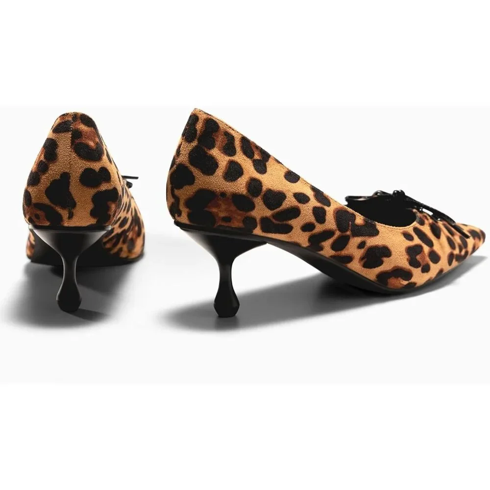 Leopard Print Kitten Heel Pumps with Bow - Picture 5 of 7
